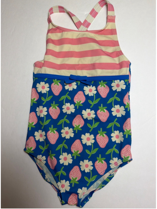 Mini Boden Other - Girls Mini Boden One Piece Swimsuit 3T Blue Pink Strawberry Floral Bathing Suit